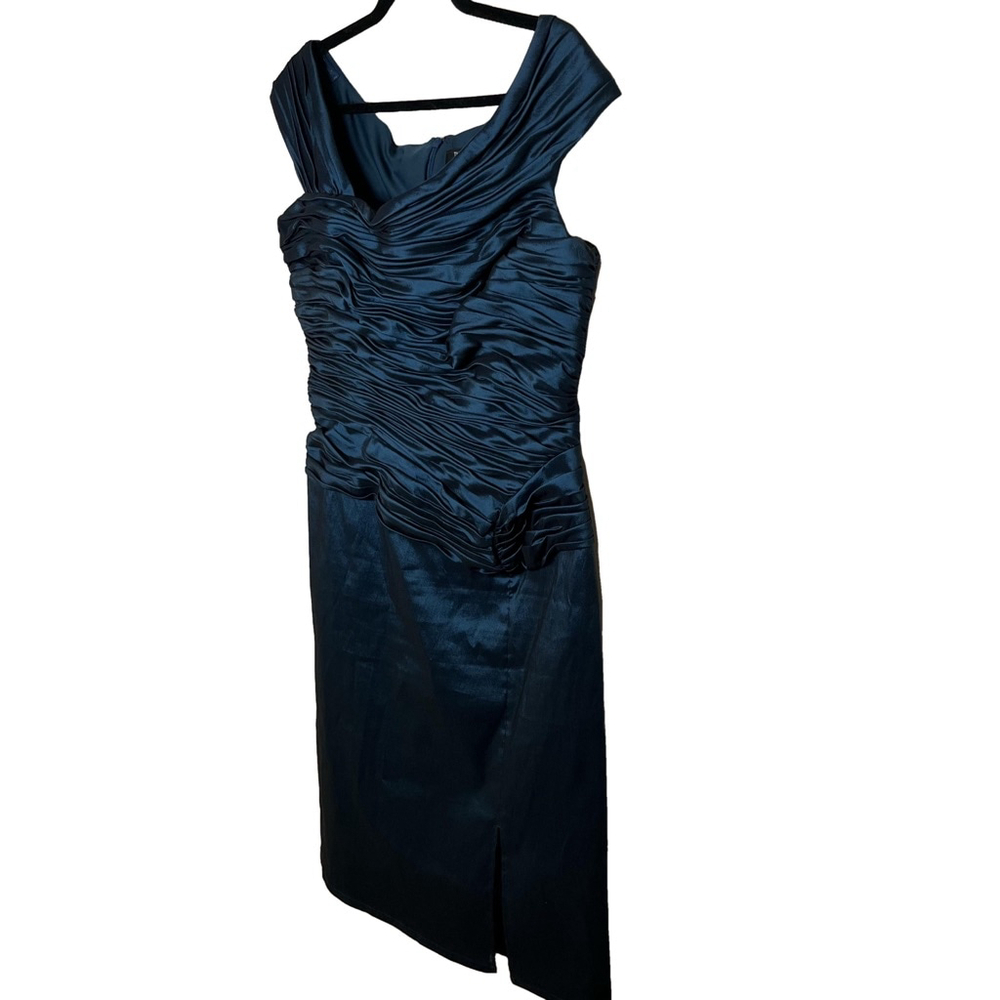 Tadashi Shoji Ruched Sheath Dress Teal Blue Sheen Asymmetrical Cap Sleeve 14 - Picture 7 of 17